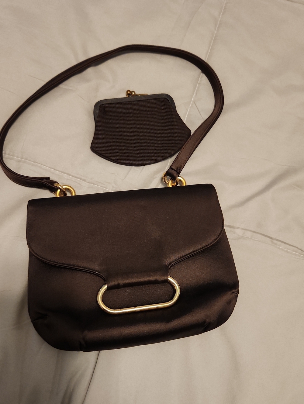 Saks Fifth Avenue Classic Satin Shoulder Bag with Coin Pouch - Brown